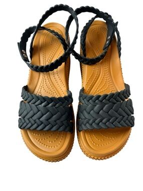 Crocs Braided Platform Wedge Sandals Black Tan Womens 7 Lightweight Comfort boho
